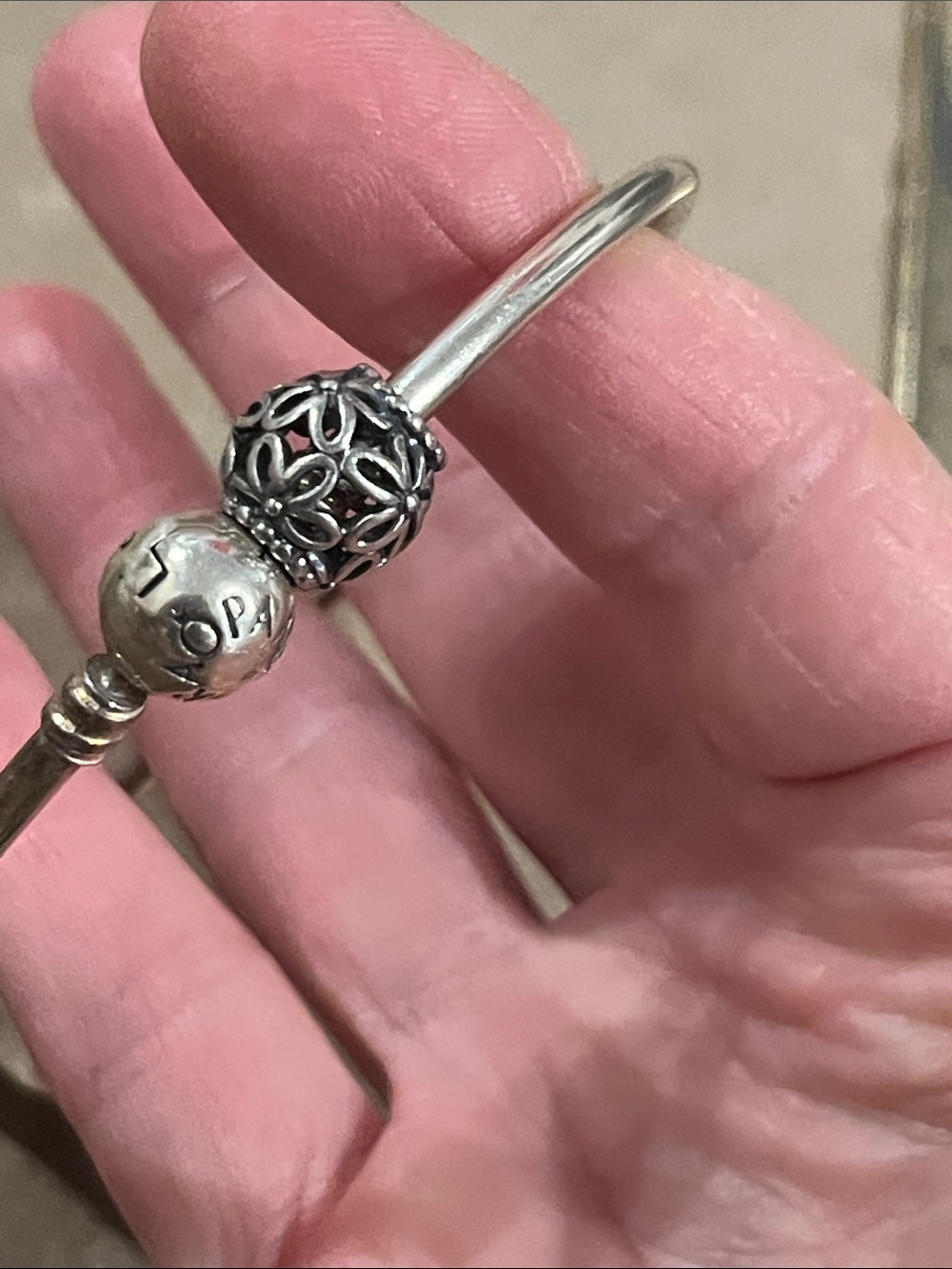 Pandora marked Sterling Silver Floral Charm Bangle Bracelet - Silver - Picture 5 of 5